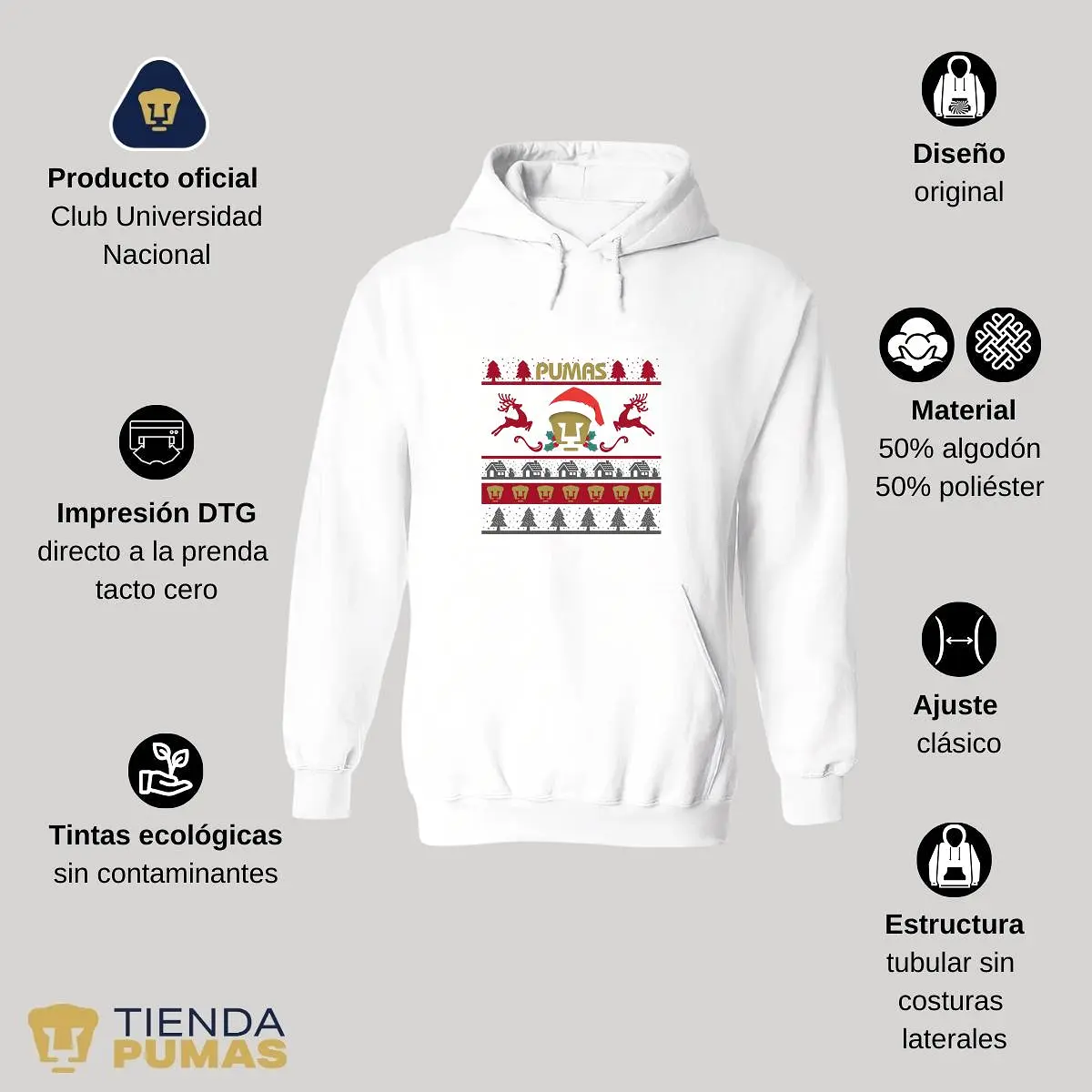 Sudadera Hombre Hoodie  Pumas UNAM Navidad Renos