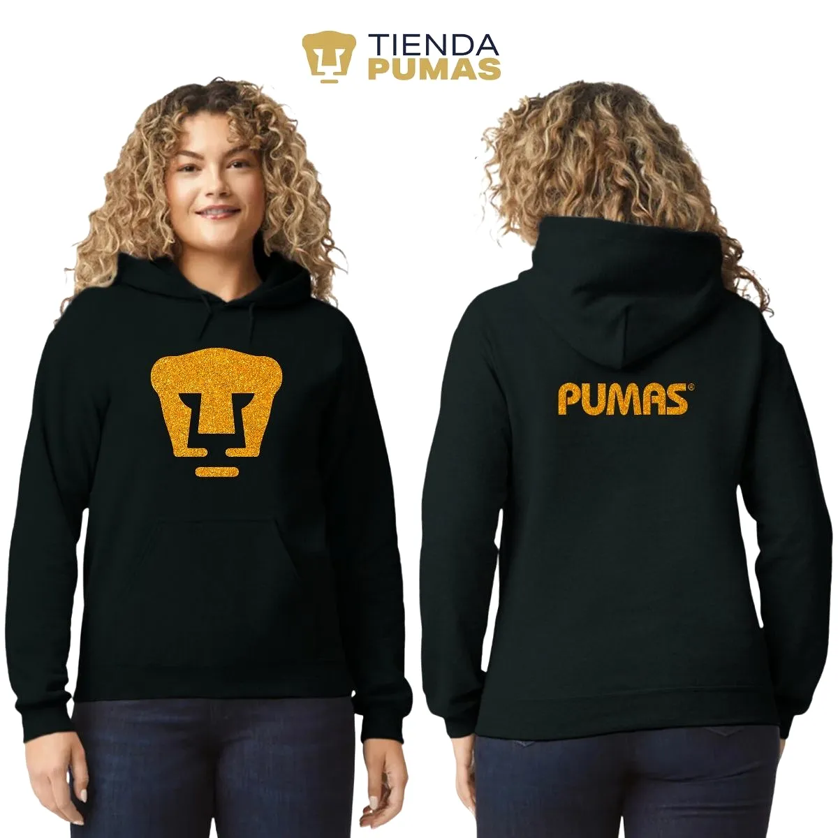 Sudadera Mujer Hoodie Pumas UNAM Logo Dorado Glitter