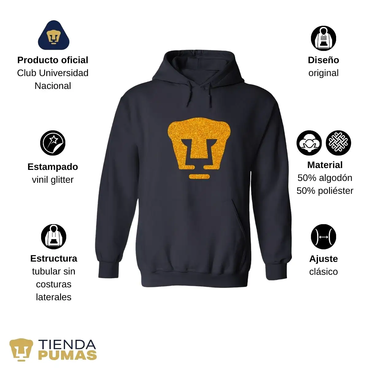 Sudadera Mujer Hoodie Pumas UNAM Logo Dorado Glitter