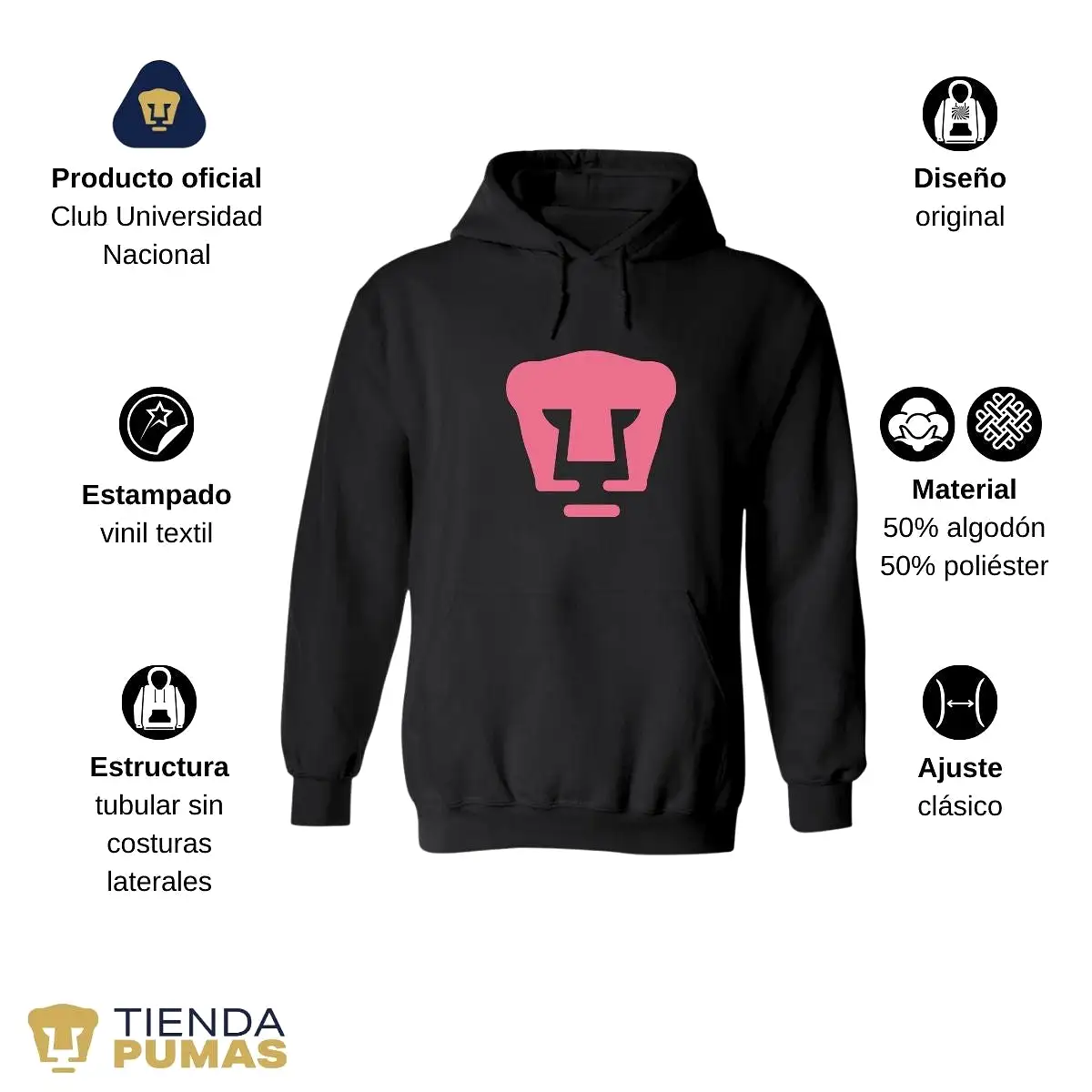 Sudadera Mujer Hoodie Pumas UNAM Logo Rosa Vinil