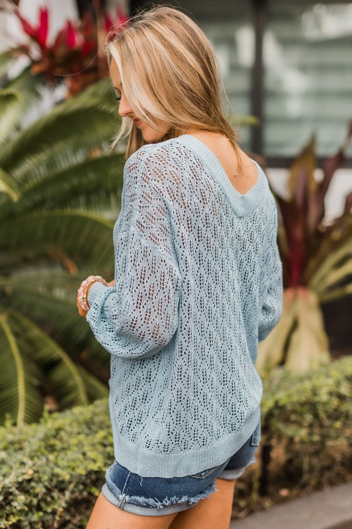 Sweet Talk Cinched Knit Sweater- Light Blue