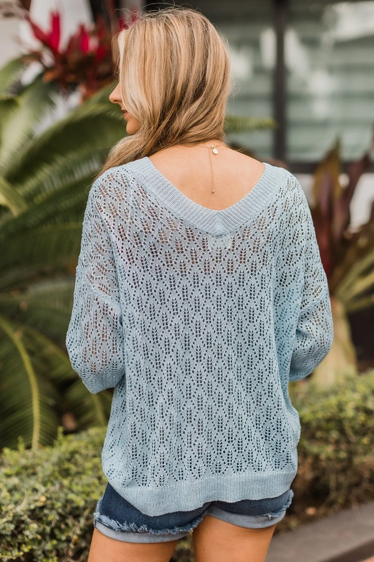 Sweet Talk Cinched Knit Sweater- Light Blue