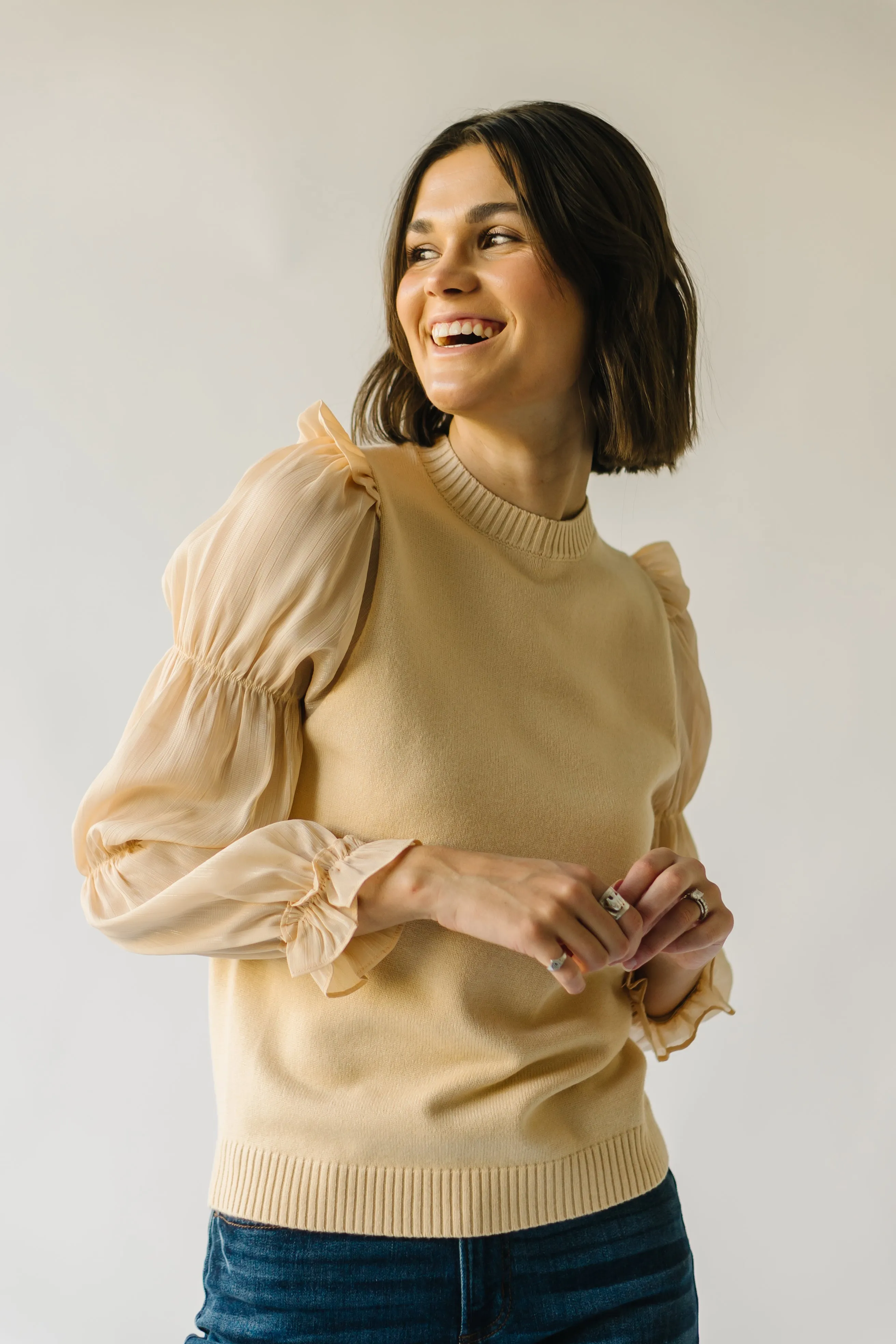 The Bontra Ruffle Sleeve Sweater in Beige