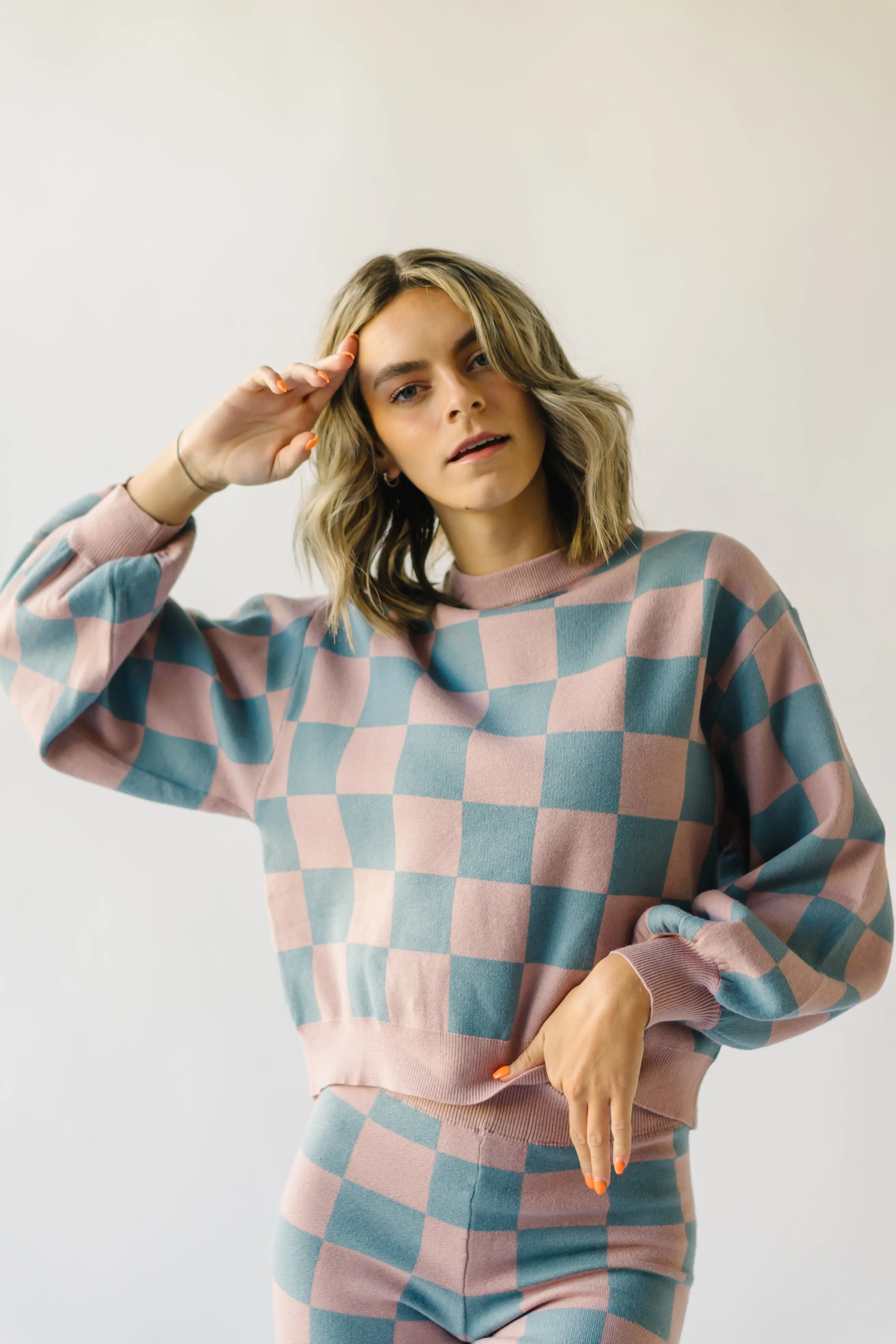 The Hermione Checkered Sweater in Mauve + Blue