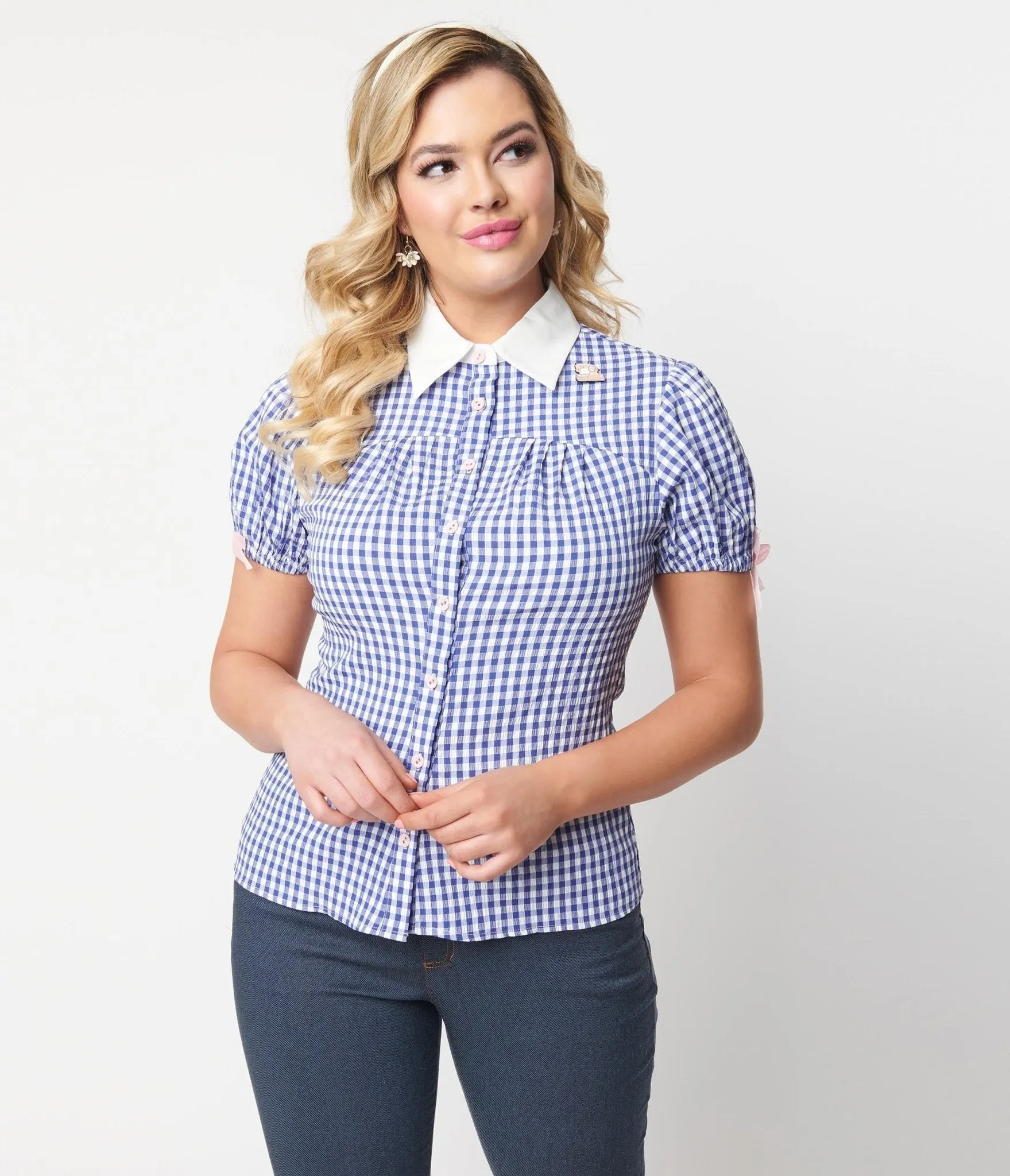 Unique Vintage 1940s Blue & White Gingham Caroline Blouse