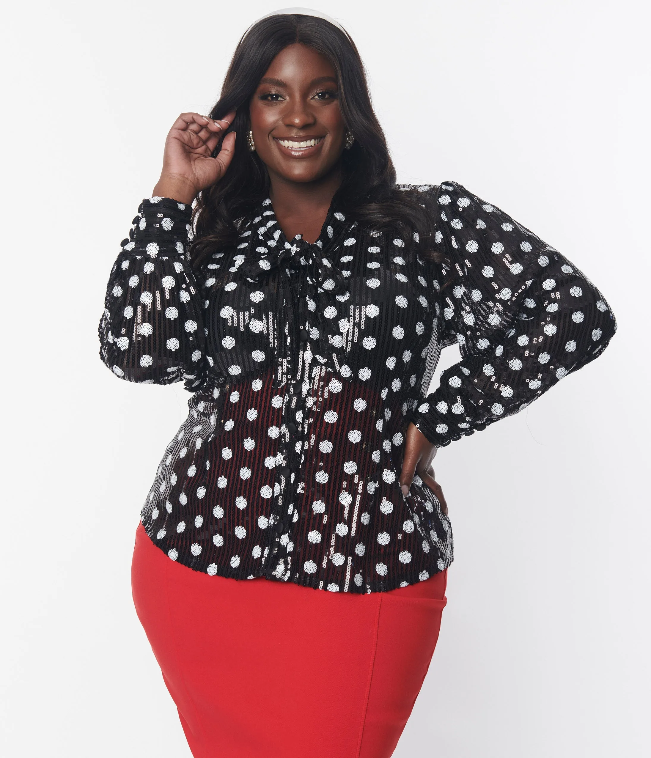 Unique Vintage Plus Size Black & White Sequin Dot Lena Blouse