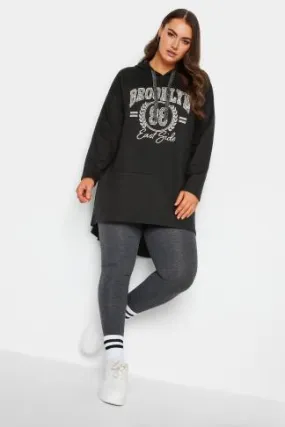 YOURS Curve Black 'Brooklyn' Slogan Longline Hoodie