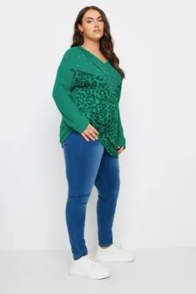 YOURS Curve Green Leopard Print Embellished Hoodie