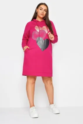 YOURS Curve Pink Heart Print Hoodie Dress